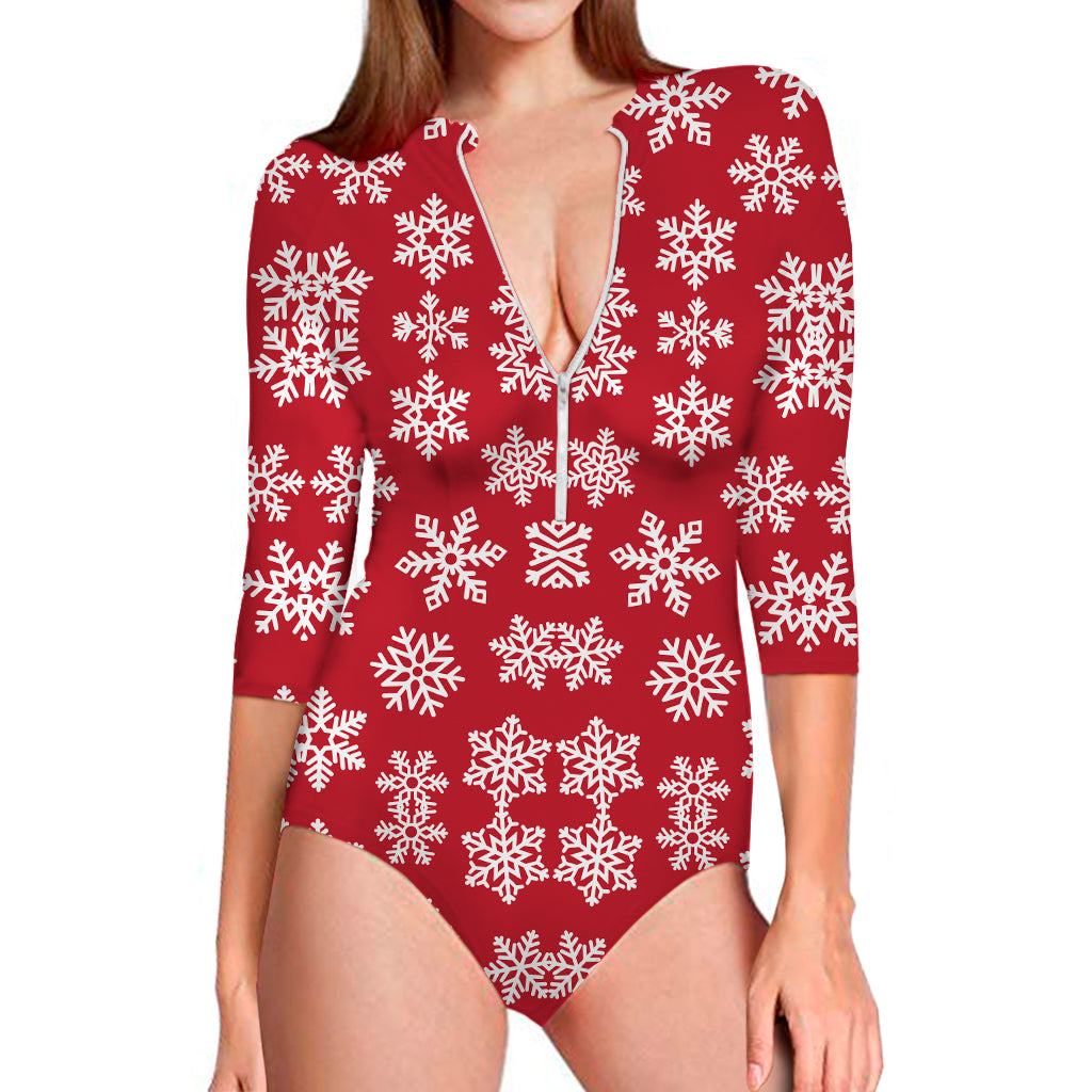 Merry Christmas Snowflakes Pattern Print Long Sleeve Swimsuit