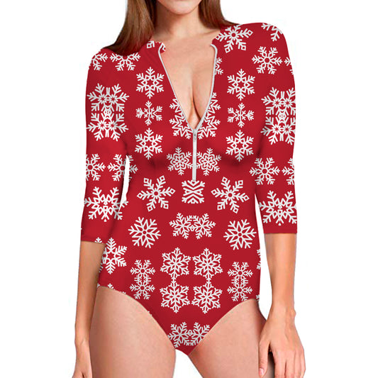 Merry Christmas Snowflakes Pattern Print Long Sleeve Swimsuit