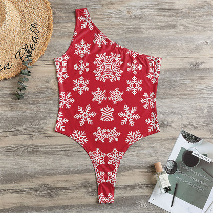 Merry Christmas Snowflakes Pattern Print One Shoulder Bodysuit