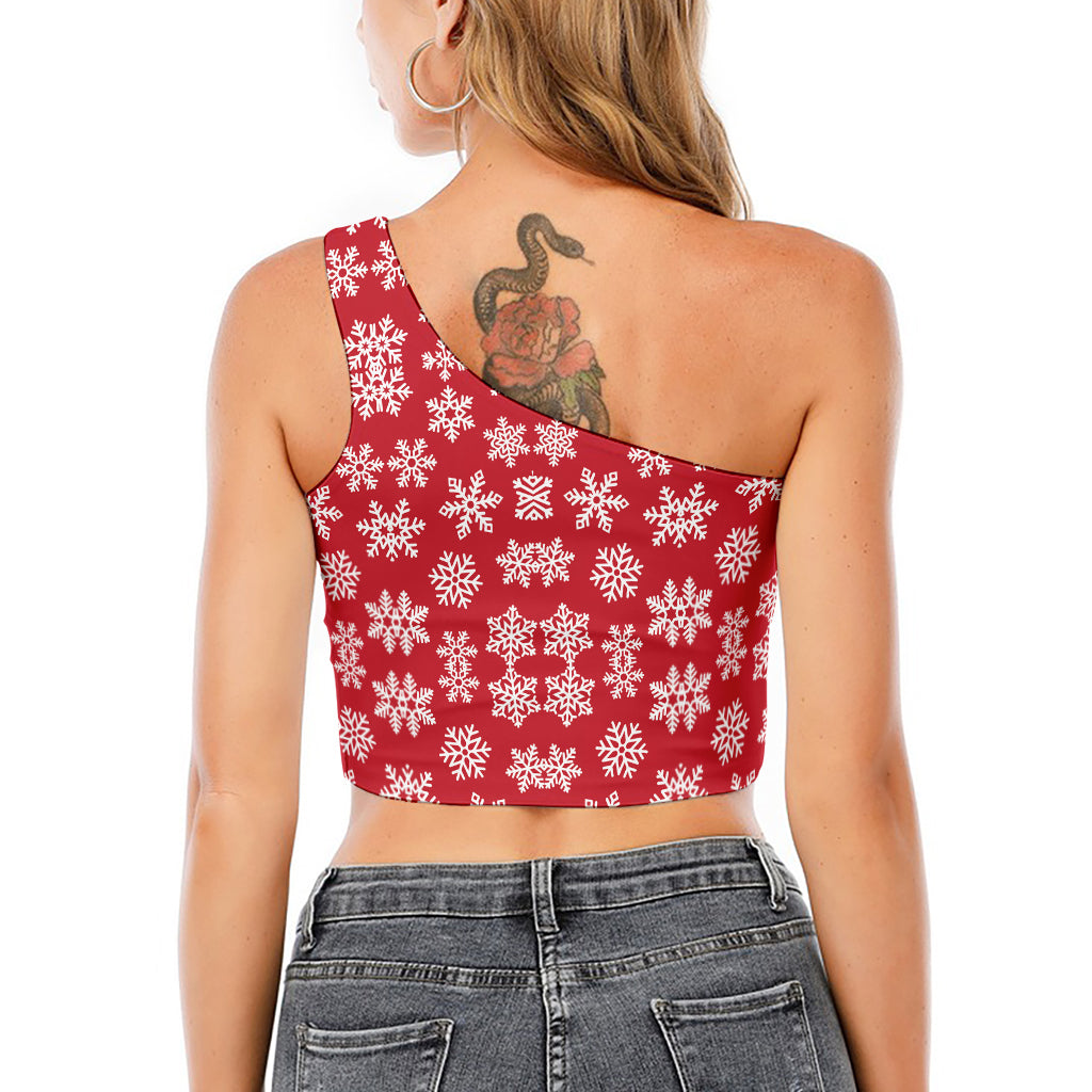 Merry Christmas Snowflakes Pattern Print One Shoulder Crop Top