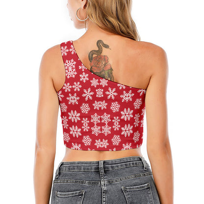 Merry Christmas Snowflakes Pattern Print One Shoulder Crop Top
