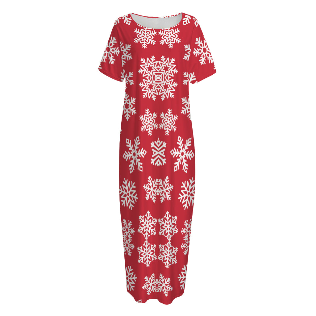 Merry Christmas Snowflakes Pattern Print Short Sleeve Long Nightdress