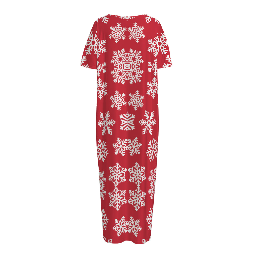 Merry Christmas Snowflakes Pattern Print Short Sleeve Long Nightdress