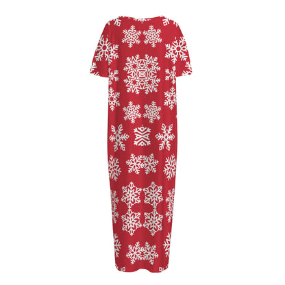 Merry Christmas Snowflakes Pattern Print Short Sleeve Long Nightdress