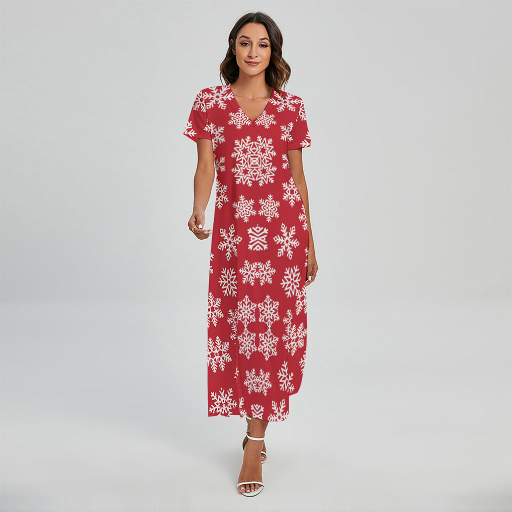 Merry Christmas Snowflakes Pattern Print Short Sleeve Maxi Dress