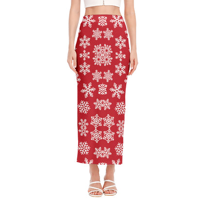 Merry Christmas Snowflakes Pattern Print Side Slit Maxi Skirt
