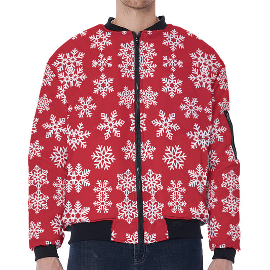 Merry Christmas Snowflakes Pattern Print Zip Sleeve Bomber Jacket