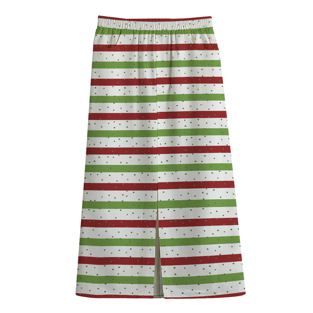 Merry Christmas Striped Pattern Print Cotton Front Slit Maxi Skirt
