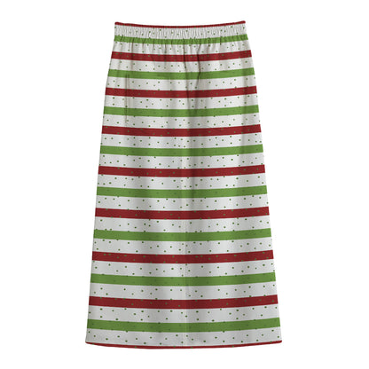 Merry Christmas Striped Pattern Print Cotton Front Slit Maxi Skirt