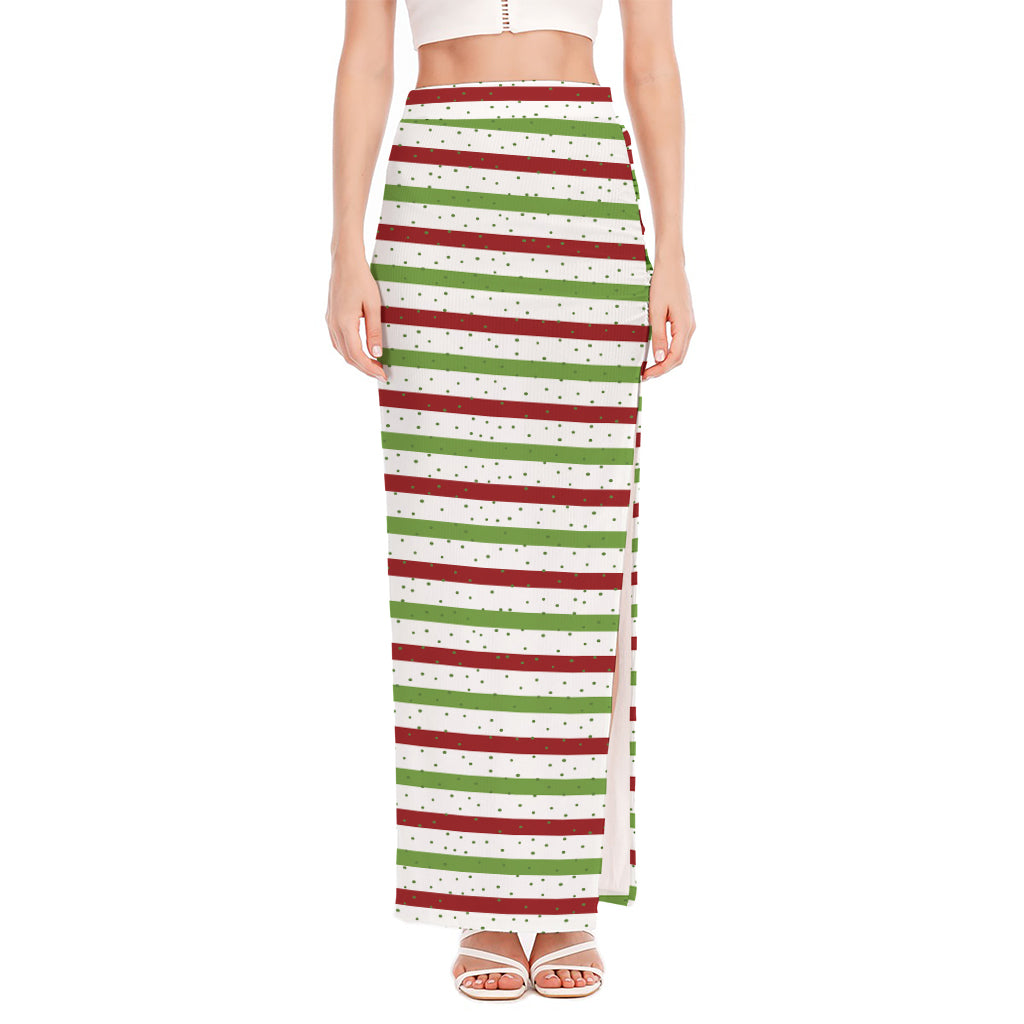 Merry Christmas Striped Pattern Print High Slit Maxi Skirt