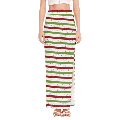 Merry Christmas Striped Pattern Print High Slit Maxi Skirt