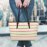 Merry Christmas Striped Pattern Print Leather Tote Bag