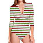 Merry Christmas Striped Pattern Print Long Sleeve Swimsuit