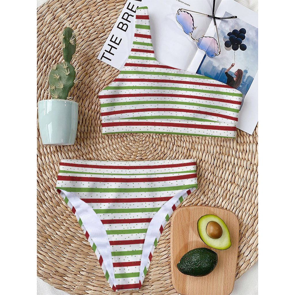 Merry Christmas Striped Pattern Print One Shoulder Bikini Top