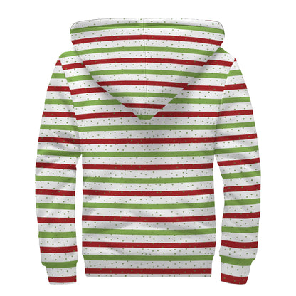 Merry Christmas Striped Pattern Print Sherpa Lined Zip Up Hoodie