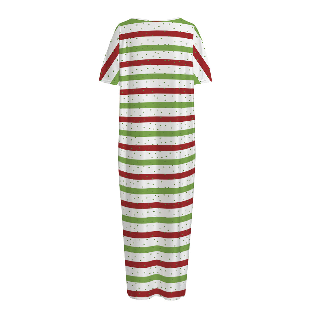 Merry Christmas Striped Pattern Print Short Sleeve Long Nightdress