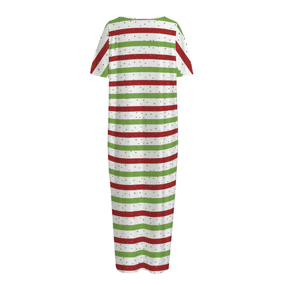 Merry Christmas Striped Pattern Print Short Sleeve Long Nightdress