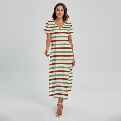 Merry Christmas Striped Pattern Print Short Sleeve Maxi Dress