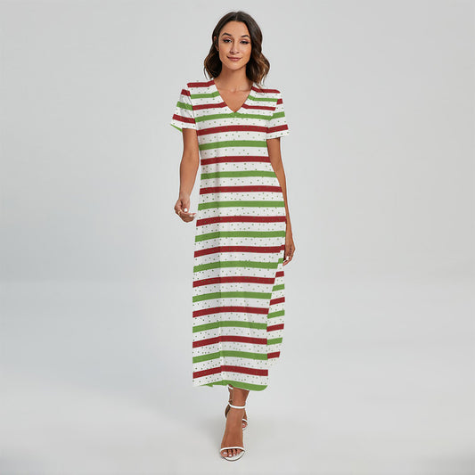 Merry Christmas Striped Pattern Print Short Sleeve Maxi Dress