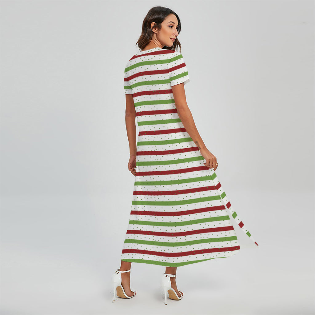 Merry Christmas Striped Pattern Print Short Sleeve Maxi Dress