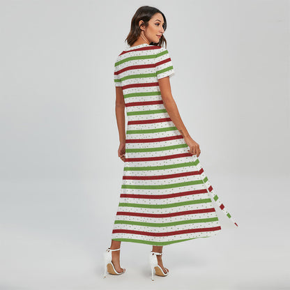 Merry Christmas Striped Pattern Print Short Sleeve Maxi Dress
