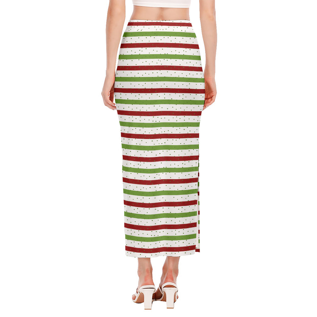 Merry Christmas Striped Pattern Print Side Slit Maxi Skirt