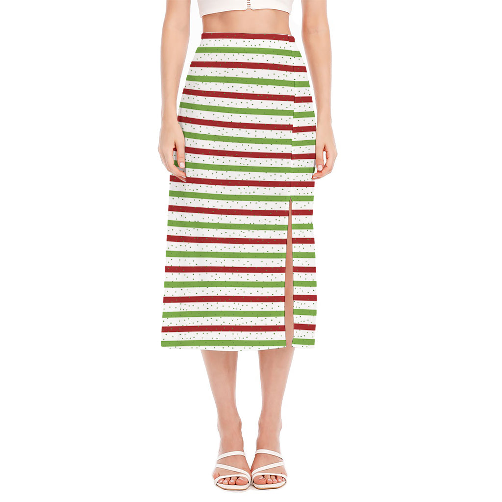 Merry Christmas Striped Pattern Print Side Slit Midi Skirt