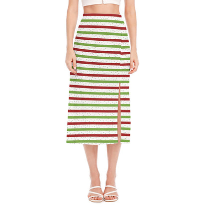 Merry Christmas Striped Pattern Print Side Slit Midi Skirt