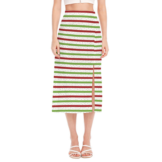 Merry Christmas Striped Pattern Print Side Slit Midi Skirt
