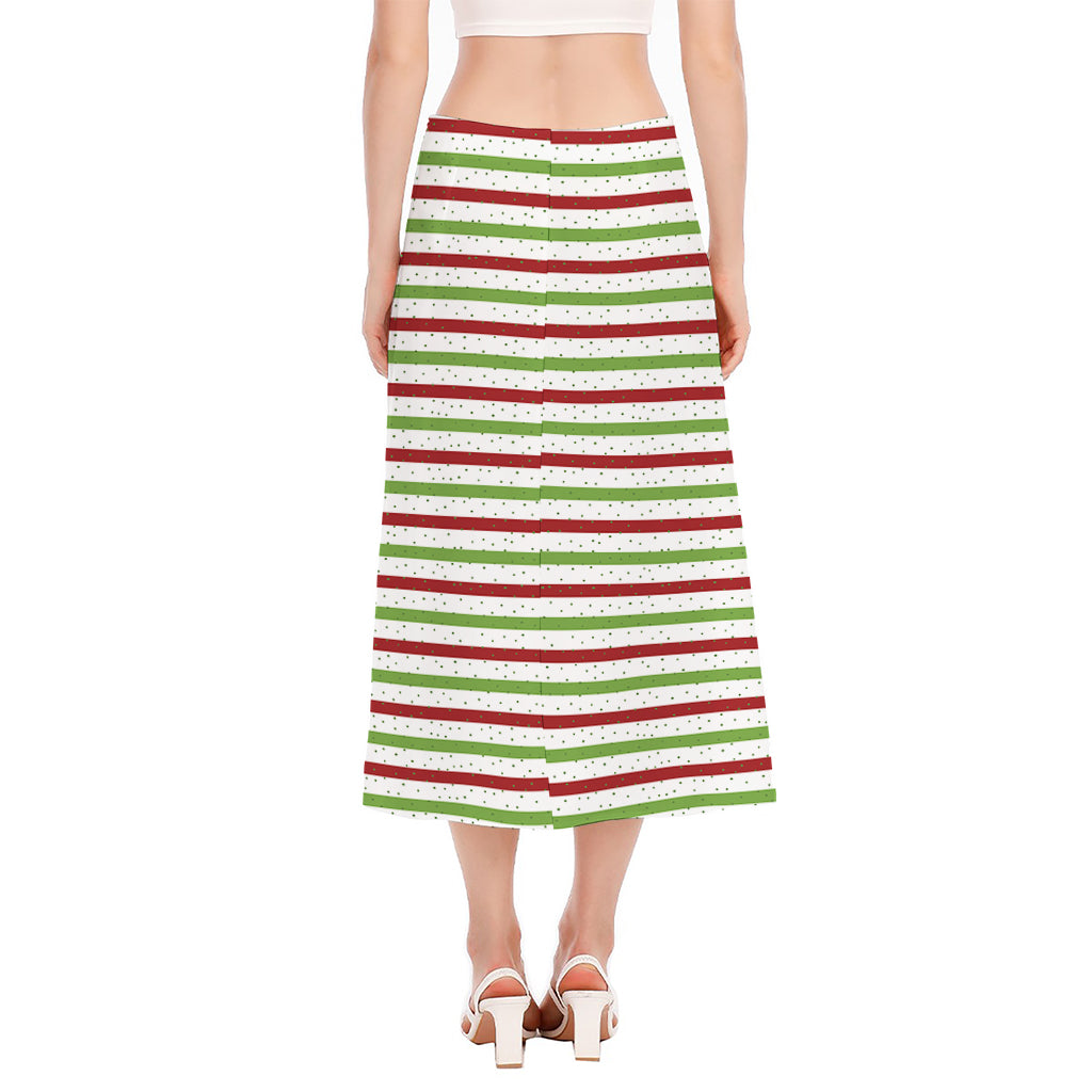 Merry Christmas Striped Pattern Print Side Slit Midi Skirt