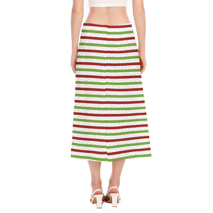 Merry Christmas Striped Pattern Print Side Slit Midi Skirt