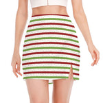 Merry Christmas Striped Pattern Print Side Slit Mini Skirt