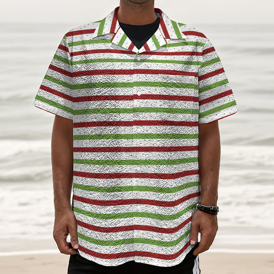 Merry Christmas Striped Pattern Print Textured Short Sleeve Shirt