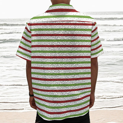 Merry Christmas Striped Pattern Print Textured Short Sleeve Shirt