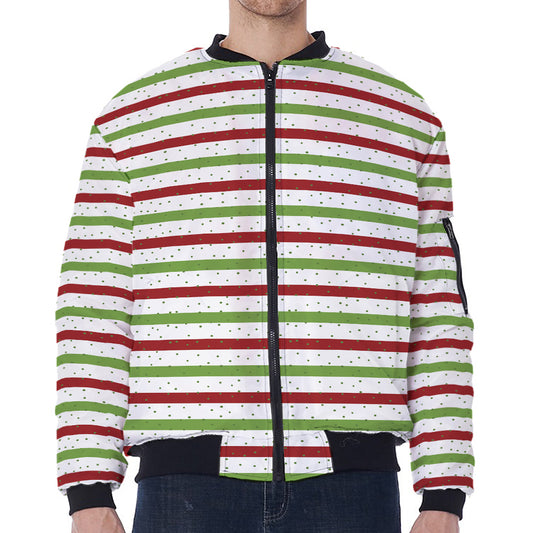 Merry Christmas Striped Pattern Print Zip Sleeve Bomber Jacket