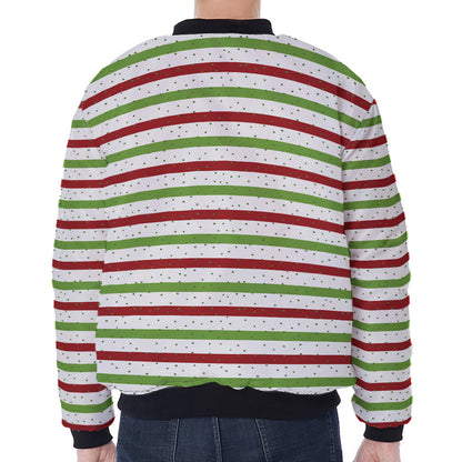 Merry Christmas Striped Pattern Print Zip Sleeve Bomber Jacket