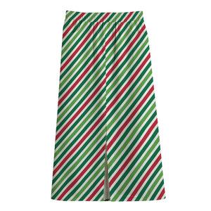 Merry Christmas Stripes Pattern Print Cotton Front Slit Maxi Skirt