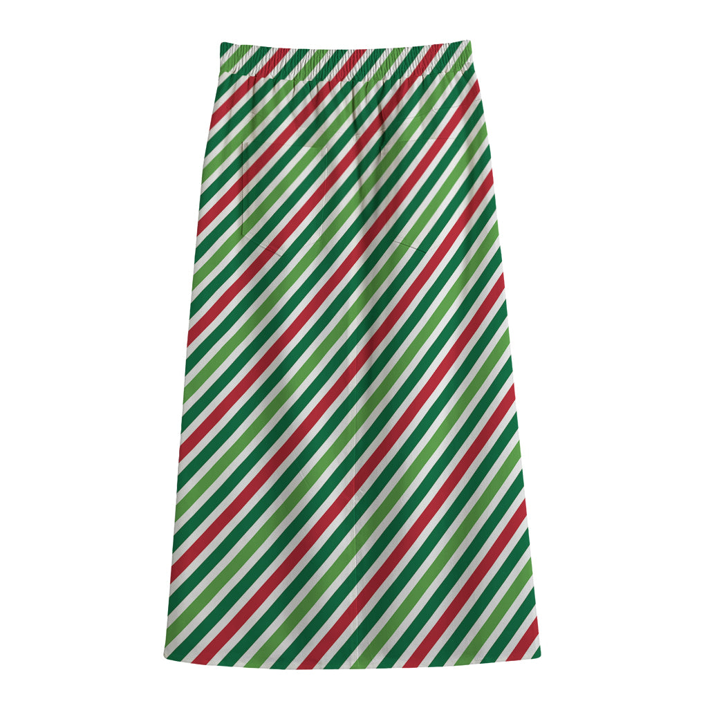 Merry Christmas Stripes Pattern Print Cotton Front Slit Maxi Skirt