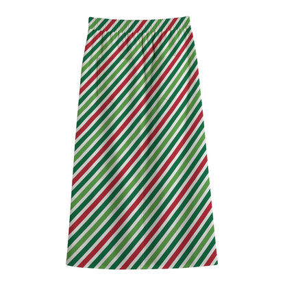Merry Christmas Stripes Pattern Print Cotton Front Slit Maxi Skirt