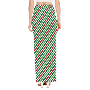 Merry Christmas Stripes Pattern Print High Slit Maxi Skirt