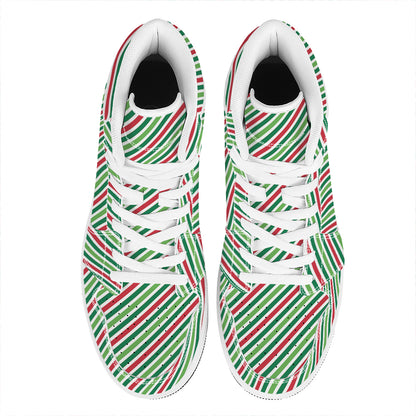 Merry Christmas Stripes Pattern Print High Top Leather Sneakers