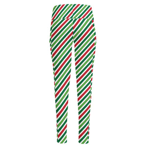 Merry Christmas Stripes Pattern Print High-Waisted Pocket Leggings