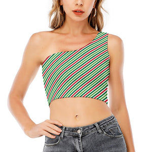 Merry Christmas Stripes Pattern Print One Shoulder Crop Top