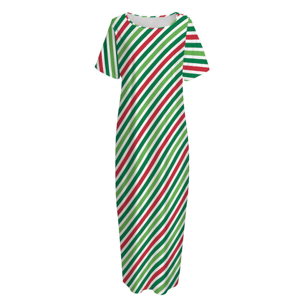 Merry Christmas Stripes Pattern Print Short Sleeve Long Nightdress