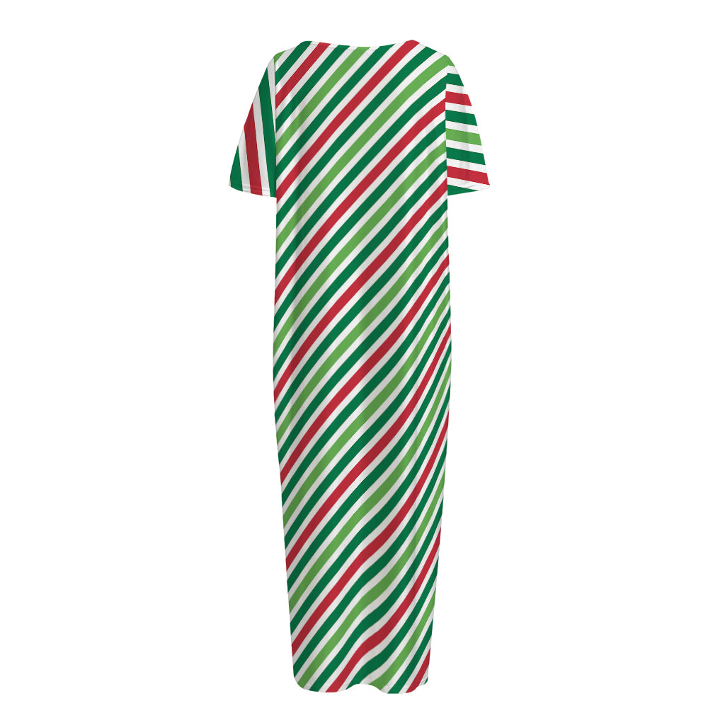 Merry Christmas Stripes Pattern Print Short Sleeve Long Nightdress