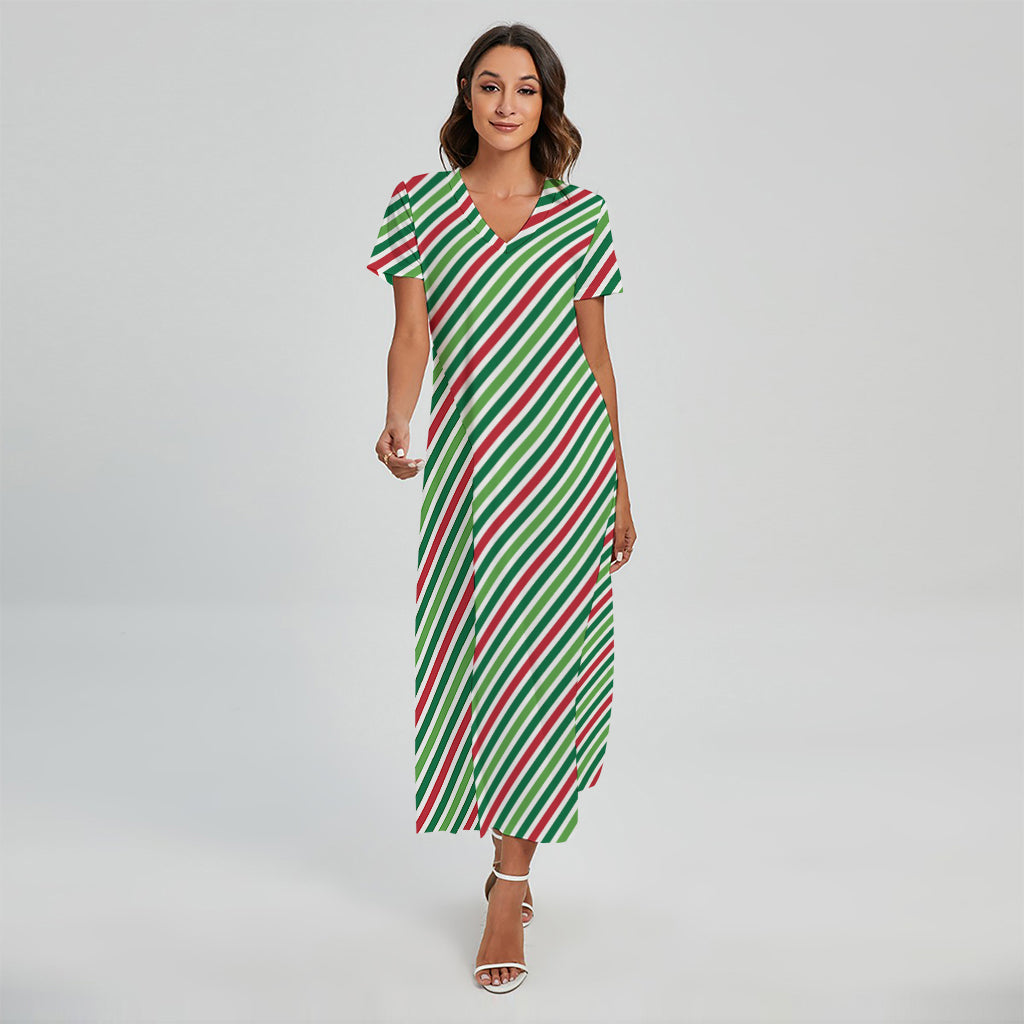 Merry Christmas Stripes Pattern Print Short Sleeve Maxi Dress