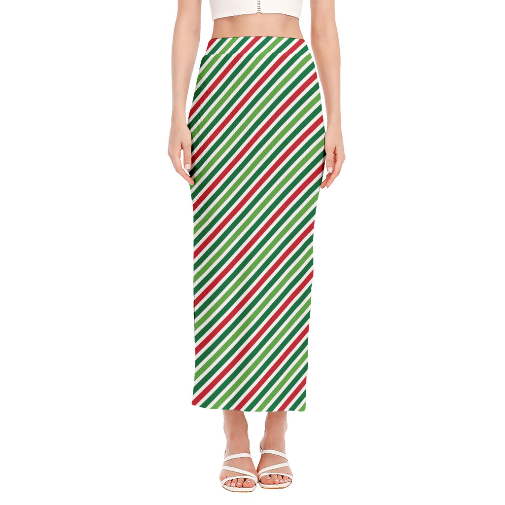 Merry Christmas Stripes Pattern Print Side Slit Maxi Skirt