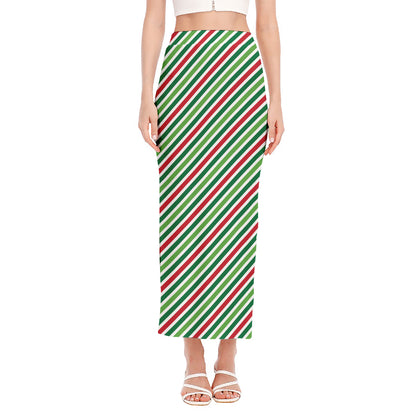 Merry Christmas Stripes Pattern Print Side Slit Maxi Skirt