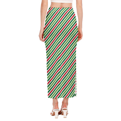 Merry Christmas Stripes Pattern Print Side Slit Maxi Skirt