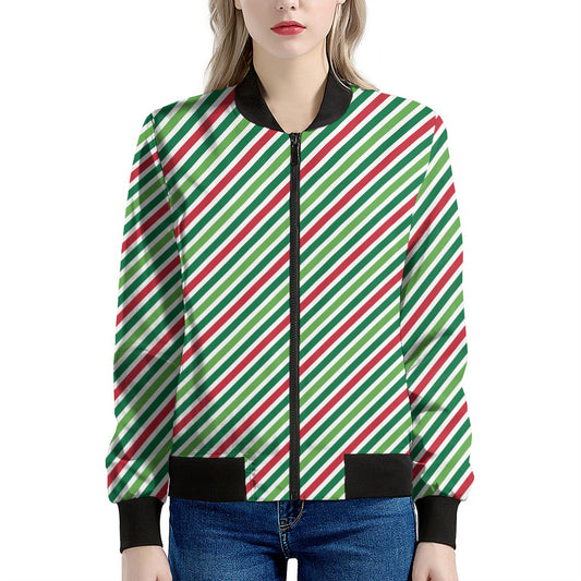 Merry Christmas Stripes Pattern Print Women's Bomber Jacket